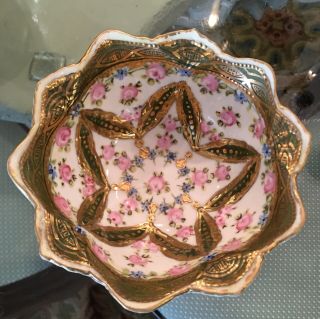 Antique Hand Painted Nippon Porcelain Footed Berry Bowl Pink Flowers Green Gold