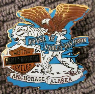 Large Vintage House Of Harley Davidson Dealer Pin Anchorage Alaska Eagle & Bear