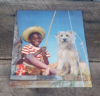 Vtg 40s 50s Art Print African American Boy Fishing Cane Pole Dog Black Americana