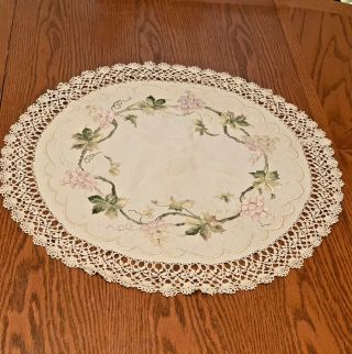 Antique Silk Embroidered Grapes Crochet Trim Round Tablecloth 24”