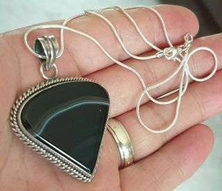 Vintage Art Deco Jewellery Inset Banded Agate Sterling Silver Dropper Necklace