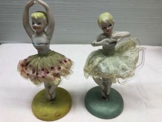 2 Vintage Spinning Porcelain Ballerina Lace Tutu On Stand Ballet Dancer Figurine