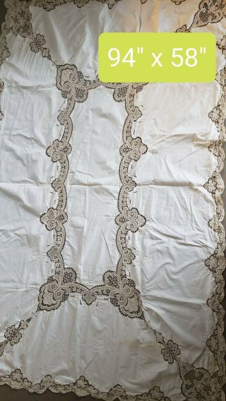 Vintage Embroidered Cut Work Tablecloth Kitchen Linen Wedding Antique Handmade