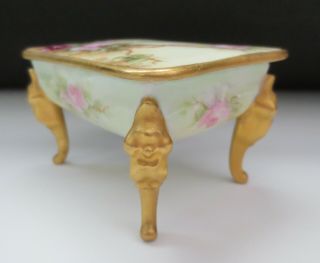 Antique French Porcelain Hand Painted Pink Roses Gilt Footed Trinket Dish