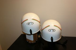 1970 ' s Pair Griffin Vintage Motorcycle Scooter Snowmobile Helmets Castrol 2
