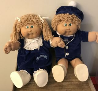 Vintage 1985 Cabbage Patch Kid Twins Boy Girl Dolls 16” Wheat Hair Green Eyes