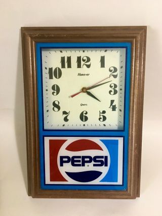Vintage Pepsi Cola Wall Clock Hanover Quartz Battery Wood Frame Scarce 2