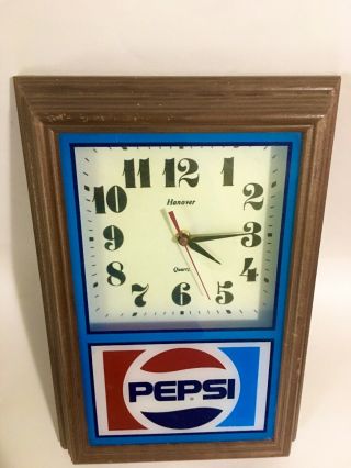 Vintage Pepsi Cola Wall Clock Hanover Quartz Battery Wood Frame Scarce 3
