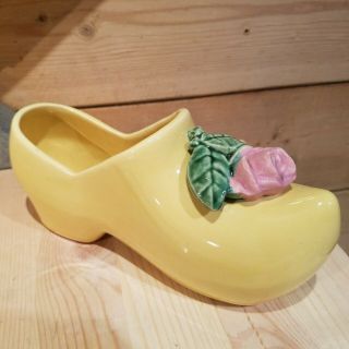 Vtg Mccoy Pottery Yellow Dutch Shoe Planter Pot With Pink Flower - Swanky Barn