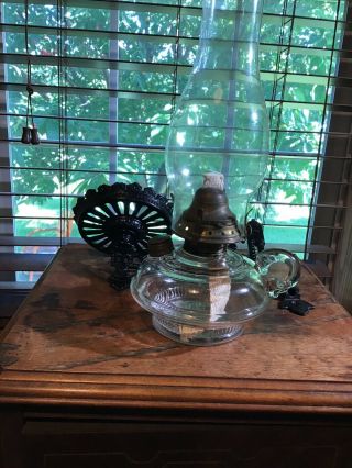 Antique Finger Oil Lamp 12 1/2” With Cast Iron Wall Holder And Bracket
