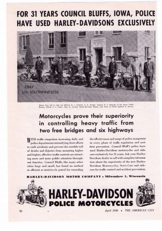 1948 Vintage Harley Davidson Police Motorcycles " Council Bluffs,  Ia " Print Adv