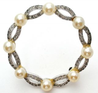 Vintage Mazer Pearl Circle Brooch With Clear Rhinestones Signed Fashion Jewelry