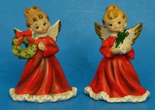 2 Pc Vintage Napcoware Japan 4.  5 " Christmas Red Ceramic Angel W/ Wreath Present