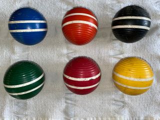 Vintage Set Of 6 Wooden Ribbed 2 Stripe Croquet Balls 3 - 1/4 "