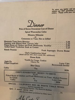 Vintage Santa Fe Dining Car Menu Meeting Of The Chiefs 3