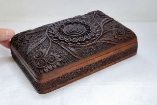 Intricately Carved Vintage Wooden Box With Eastern Design & Hinged Lid