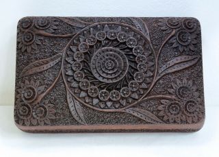 Intricately Carved Vintage Wooden Box with Eastern Design & Hinged Lid 2