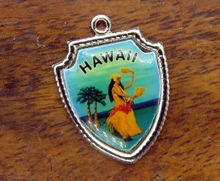 Vintage Silver Hawaii State Island Hula Dancer Beach Travel Shield Charm E8