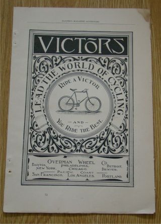 1890s Victor Bicycle Ad Overman Wheel Co Victors Cycle