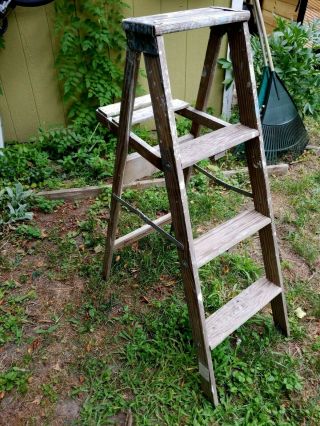Vintage 3 Rung Wood Step Ladder 50 " Tall Antique