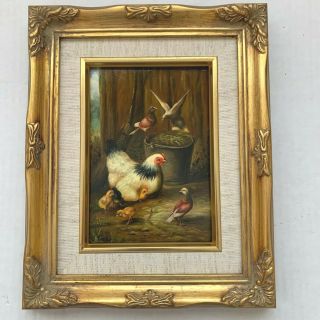 Vintage Hens & Pigeons Oil Painting On Wood– Signed A.  Mauve – Anton Mauve (?)