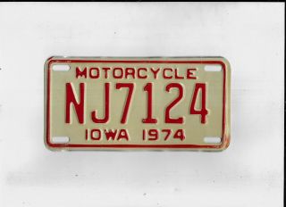 Iowa 1974 License Plate " Nj7124 " Motorcycle