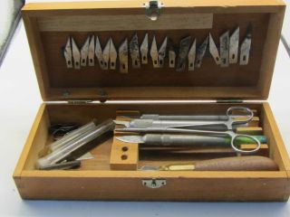 Vintage Set Of 30 X - Acto Knives And Blades 4 Holders & Finger Wood Box More