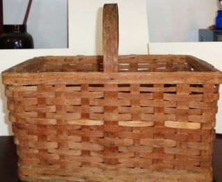 Antique Split Oak Handmade Market Basket Wooden Handle Good Sturdy