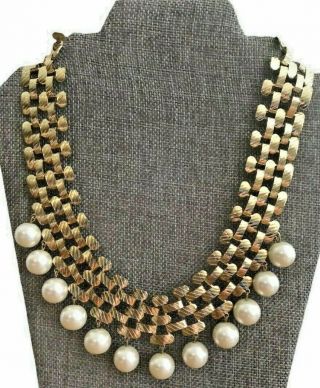Chunky Pearl And Gold Links Bib Necklace Statement Piece Vintage Costume Jewelry