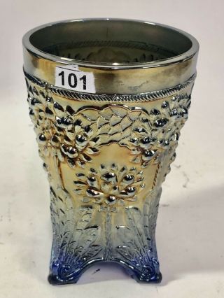Stunning Antique 1910 Fenton Blue Orange Tree Carnival Glass Footed Tumbler Rare