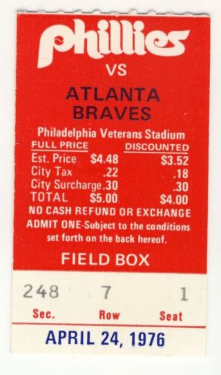 Phillies Ticket Stub 1976 Vs Atlanta