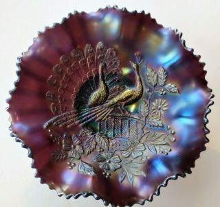Northwood Peacocks Antique Carnival Glass Purple Ruffled Bowl Amethyst On Fence