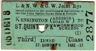 Railway Ticket: L.  N.  W.  & G.  W.  Joint: Kensington To St Quintin Park & Wormwood Sc
