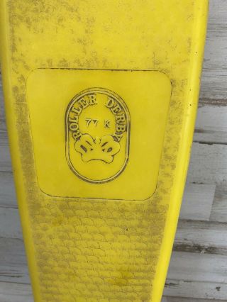 Vintage Yellow Roller Derby 77 K Skateboard W/ Caution Sticker Slick Bearings 3