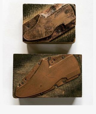 2 Vintage Letterpress Print Blocks Shoes Copper On Wood