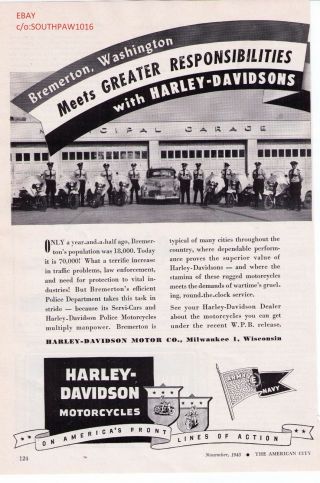 1943 Vintage Harley Davidson Police Motorcycles " Bremerton,  Washington " Print Ad