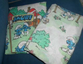 80s Vintage Smurfs Twin Size Flat & Fitted Sheet Set Fabric Peyo Smurfette
