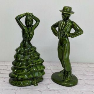 Spanish Flamenco Dancers Art Deco Ceramic Figurines 12 " Tall Olive Green
