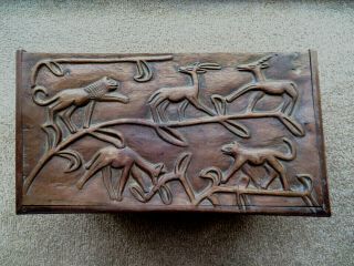 Antique Vintage Primitive Folk Art Hand Carved Wood Box W/ Animals