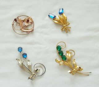 4 Fab Vintage 1940s Sterling Large Floral Brooches W/ Colored Glass Accents - 4