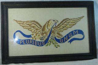 Early Antique Needlepoint " E Pluribus Unum " - Framed Patriotic Eagle