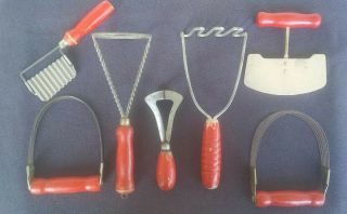 7 Vintage Red Wooden Handled Kitchen Tools/utensils,  Mashers,  Cutters,  Choppers