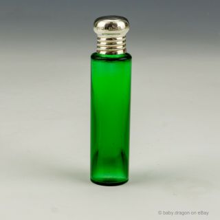 Antique English Silver Lidded - Green Glass Scent Perfume Bottle