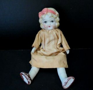 Antique All Bisque Japan Doll Fully Jointed Hand Painted 8 1/2 " Orig Clothes