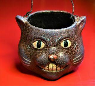 Vintage Scary Paper Mache Holloween Candy Bucket Black Cat Jack O Lantern 4.  3t1