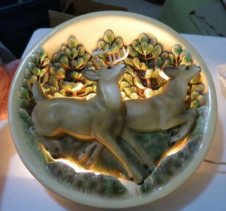 1950 Era Chalkware Lighted Lamp Wall Sconce Running Deer 3D Buck Vintage 2