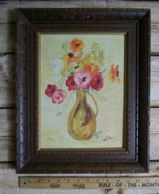 Vintage Hand Painted Oil Wood Framed Painting Floral Flowers In Vase Still Life