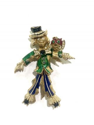 Vintage Signed Ciner Scarecrow Pin Brooch Gold Plated With Enamel & Stones