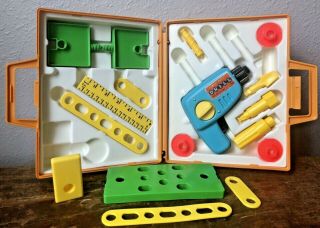 1977 Fisher Price Tool Kit Vintage Kids Play Set Tool Box Wind Up Drill Hardware