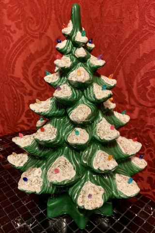 Vintage 12 1/2” Ceramic Christmas Tree Snow Flocked Light Up Atlantic Mold